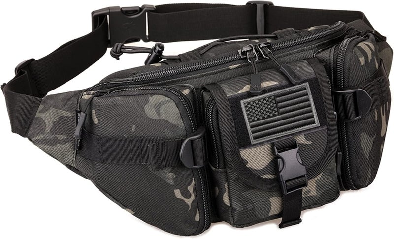 SOWHUP Tactical Fanny Pack,Military Waist Bag Pack with U.S Patch Utility Hip Belt Bumbag for Outdoor Fishing Hiking (Black c(5 Zipper Pockets)) - Image 1